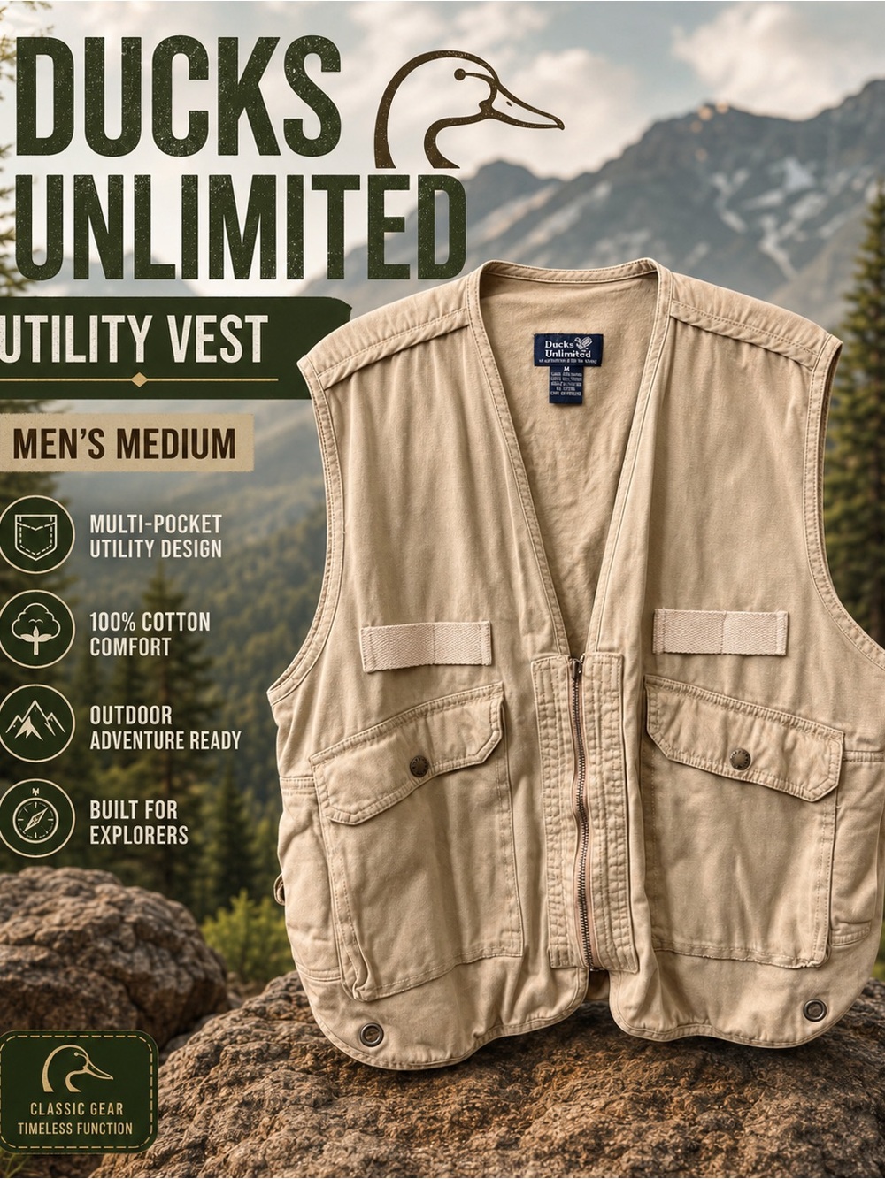 Ducks Unlimited Khaki Utility Fishing Vest M Cotton Hunting Outdoor Safari Vest